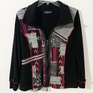 Bali Multi-color Print Full Zip Front Sweater Jacket Turtleneck Exposed Seams